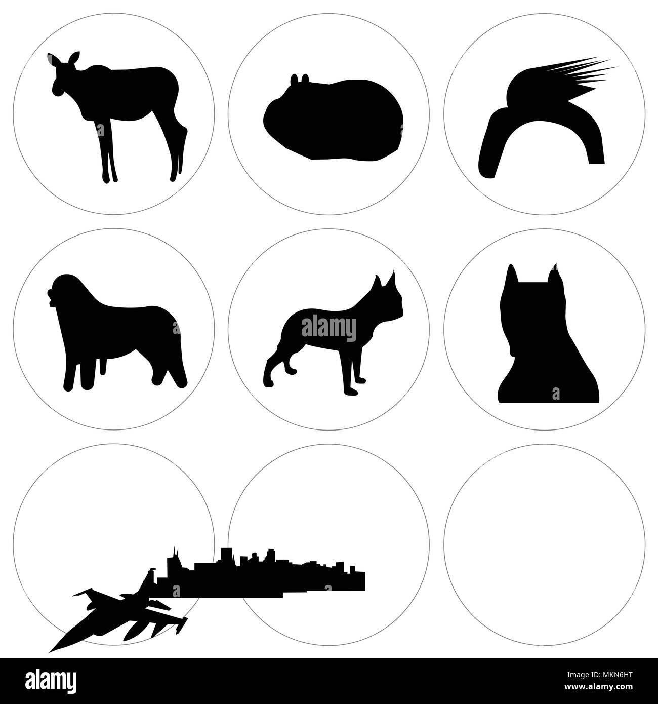 Set Of 9 simple editable icons such as edmonton sky, pitbull face, boston terrier, bernese mountain dog, buffalo donald trump hair, guinea pig, female Stock Vector