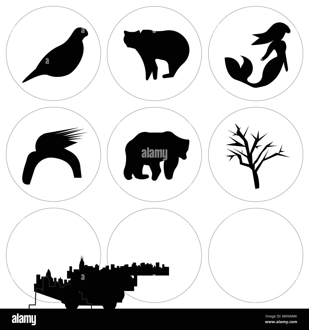 Set Of 9 simple editable icons such as mesquite tree, jeep wrangler, bear, donald trump hair, mermaid, edmonton sky, free nashville quail, can be used Stock Vector