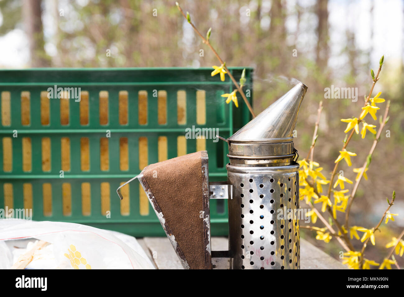 Smoker - beekeepers tool to keep bees away from hive Stock Photo