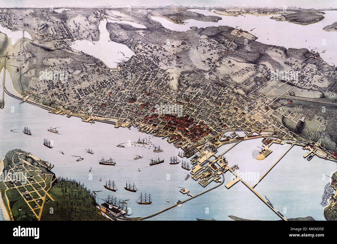 Bird's Eye View of Seattle and Environs 1891 Stock Photo