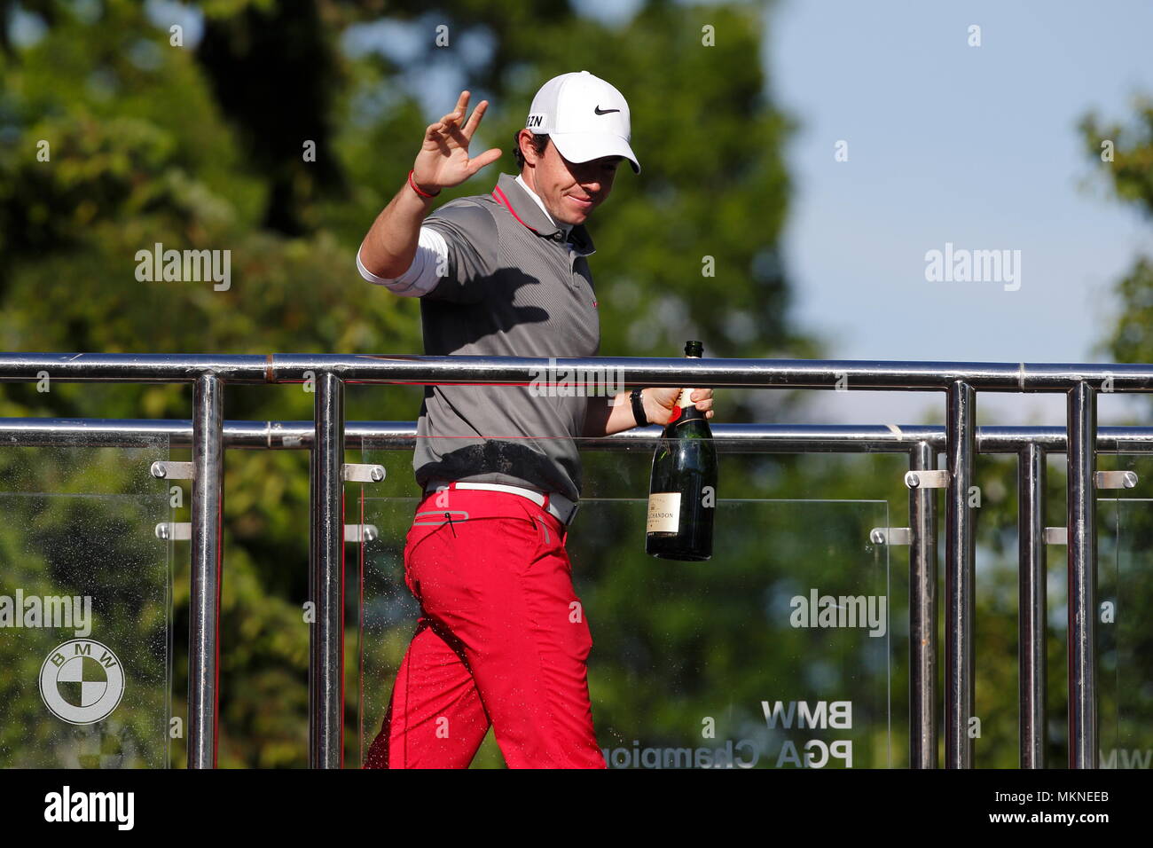 Rory McIlroy wins the BMW PGA Championship and celebrates with