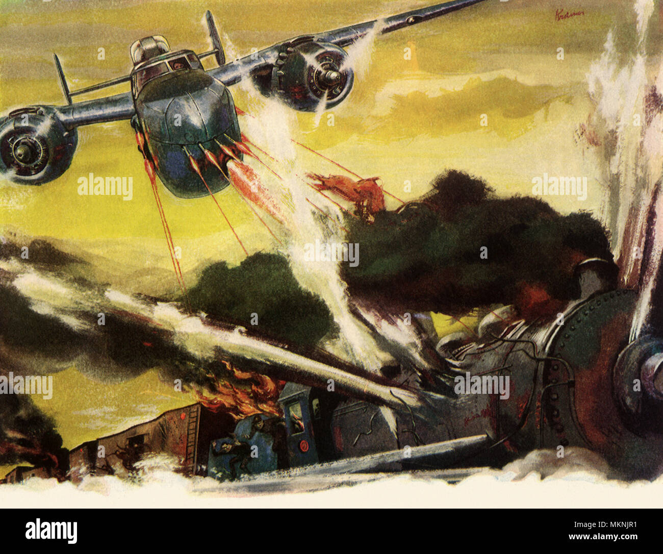 B-25 Mitchell attacking Japanese Train Stock Photo