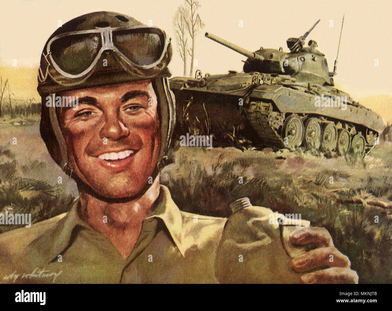 Smiling soldier holding canteen with tank behind him Stock Photo Alamy