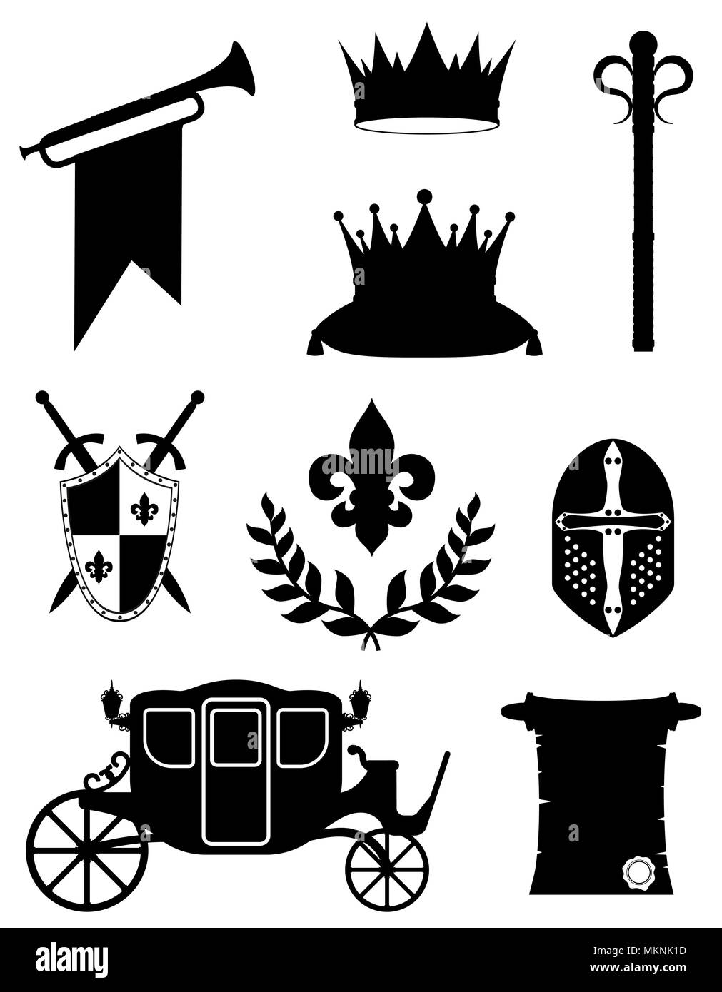 king royal golden attributes of medieval power black outline silhouette vector illustration isolated on white background Stock Photo