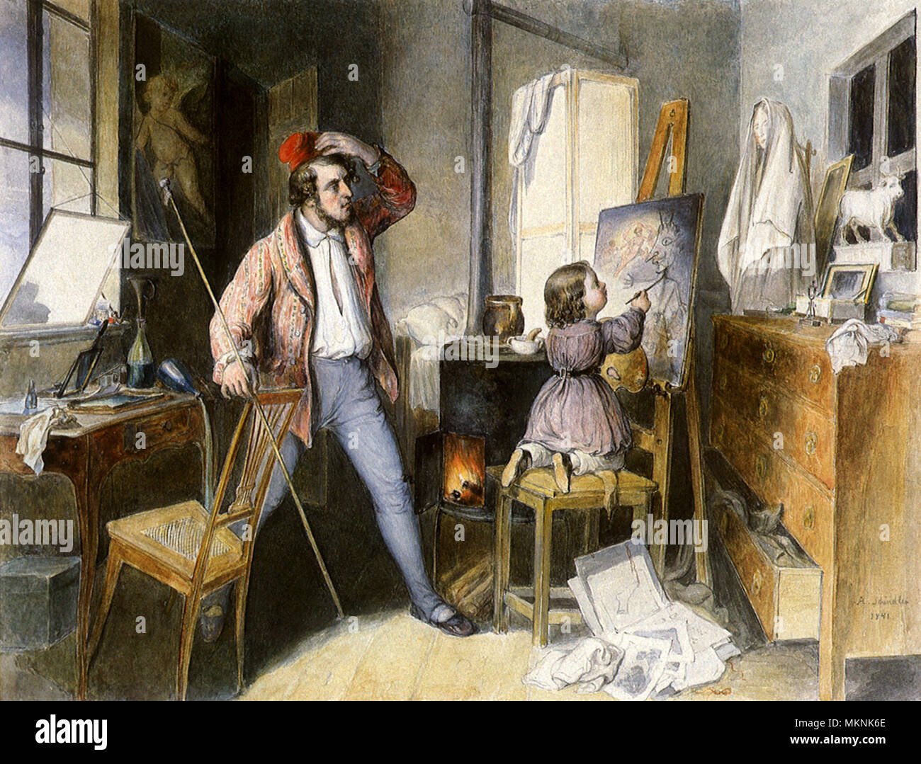 Painter and Child (Amusing Scene in the Studio) Stock Photo