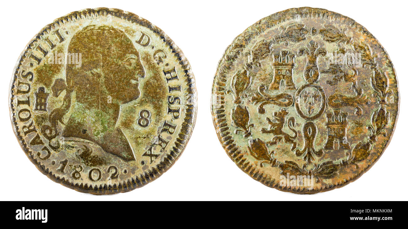 Ancient Spanish copper coin of the King Carlos IV. 1802. Coined in Segovia. 8 Maravedis Stock