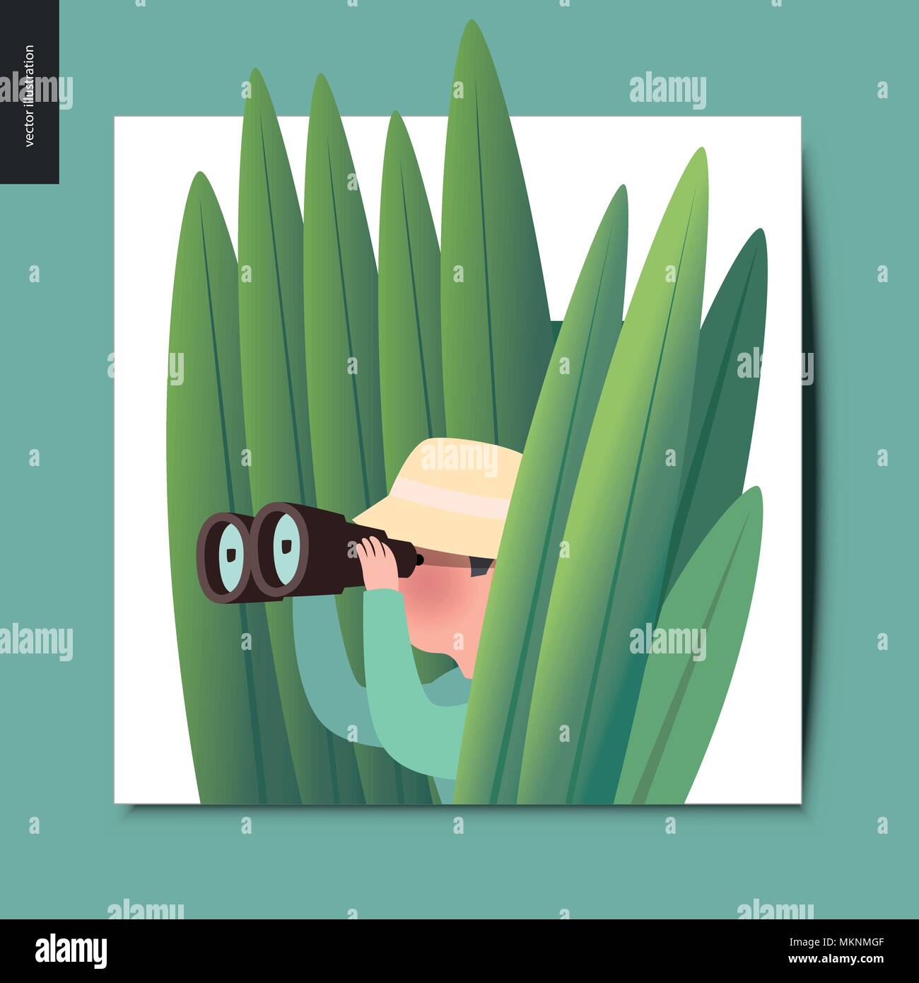 Simple things - a hunter in the ambush of high grass with a pair, summer postcard, flat cartoon vector illustration Stock Vector