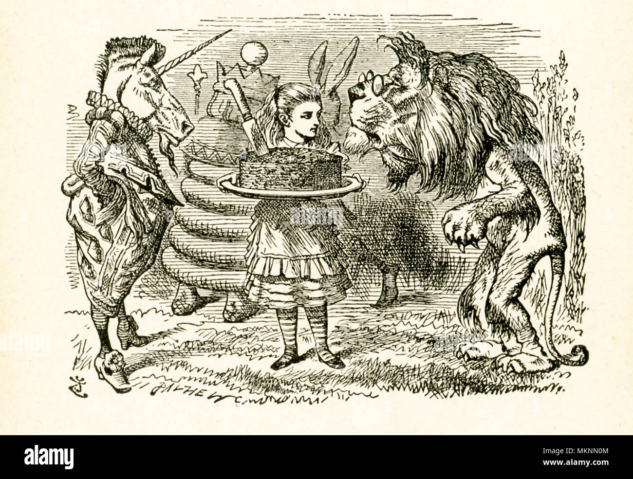 This illustration of Alice and the Unicorn and Lion is from 'Through the Looking-Glass and What Alice Found There' by Lewis Carroll (Charles Lutwidge Dodgson), who wrote this novel in 1871 as a sequel to 'Alice's Adventures in Wonderland.' It shows Alice holding a plum cake with a knife in it for the Unicorn and Lion. Stock Photo