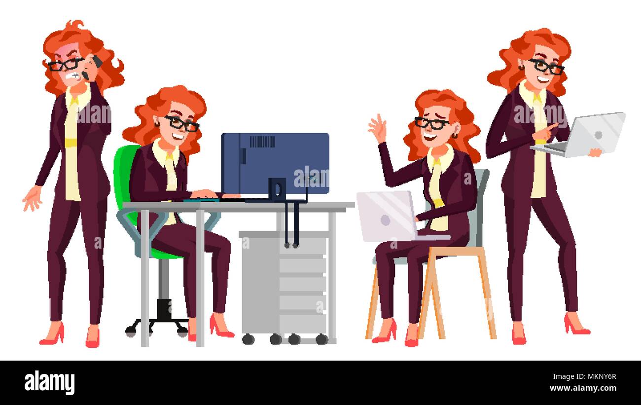 Office Worker Vector. Woman. Happy Clerk, Servant, Employee. Business Woman Person. Lady Face Emotions, Various Gestures. Flat Character Illustration Stock Vector