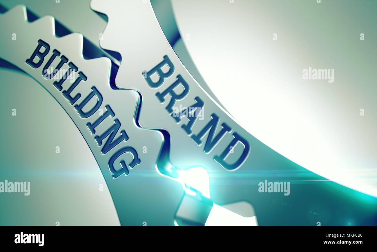 Brand Building - Mechanism of Metal Cog Gears. 3D. Stock Photo