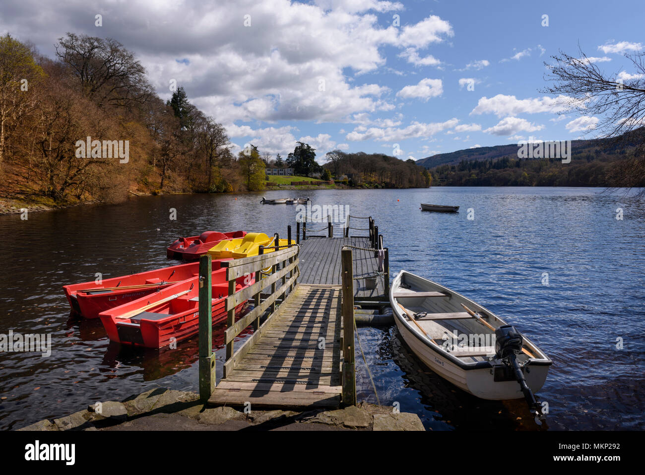 Jetty and boats on River Tummel at Pitlochry Stock Photo Alamy