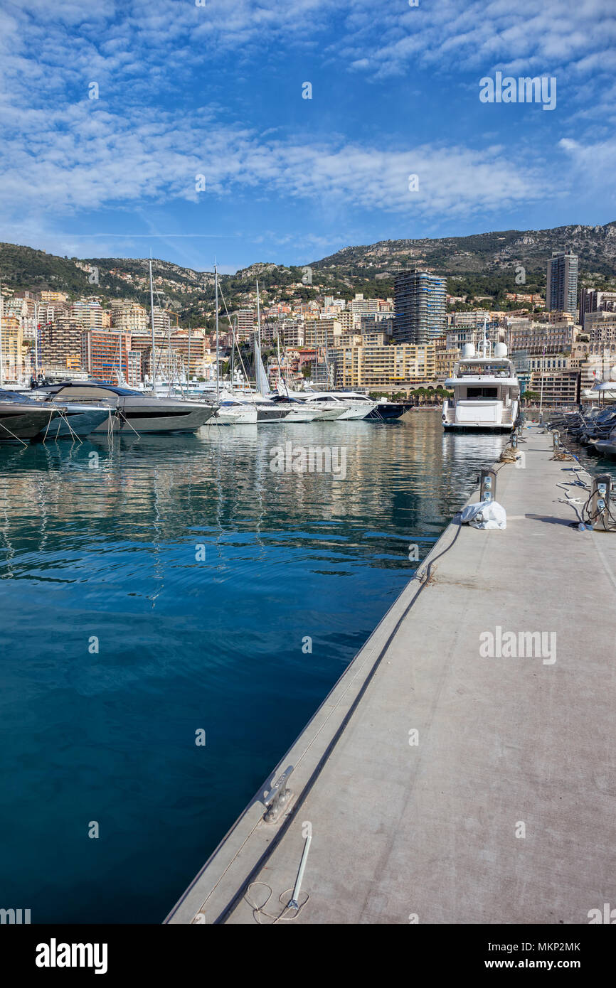 Monaco principality, city skyline from pier in Port Hercule Stock Photo