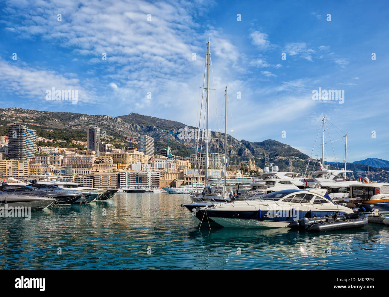 Monaco Monte Carlo, city skyline and yachts in Port Hercules Stock Photo