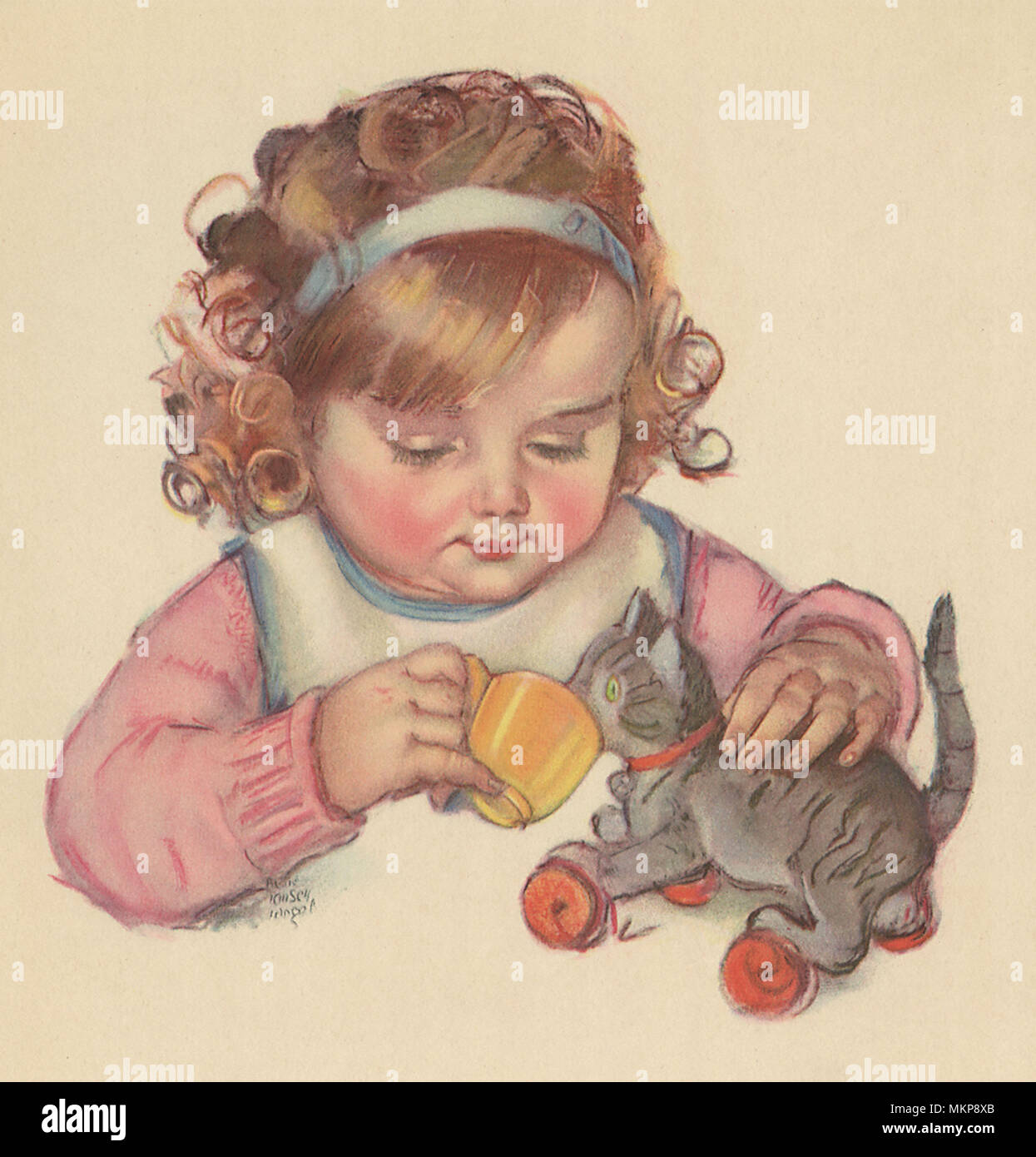 Girl lets Velvet Kitten sip from Teacup Stock Photo