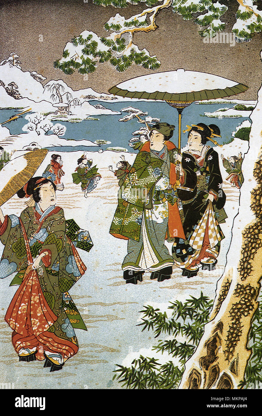 Japanese People in Formal Wear walk in Snow Stock Photo