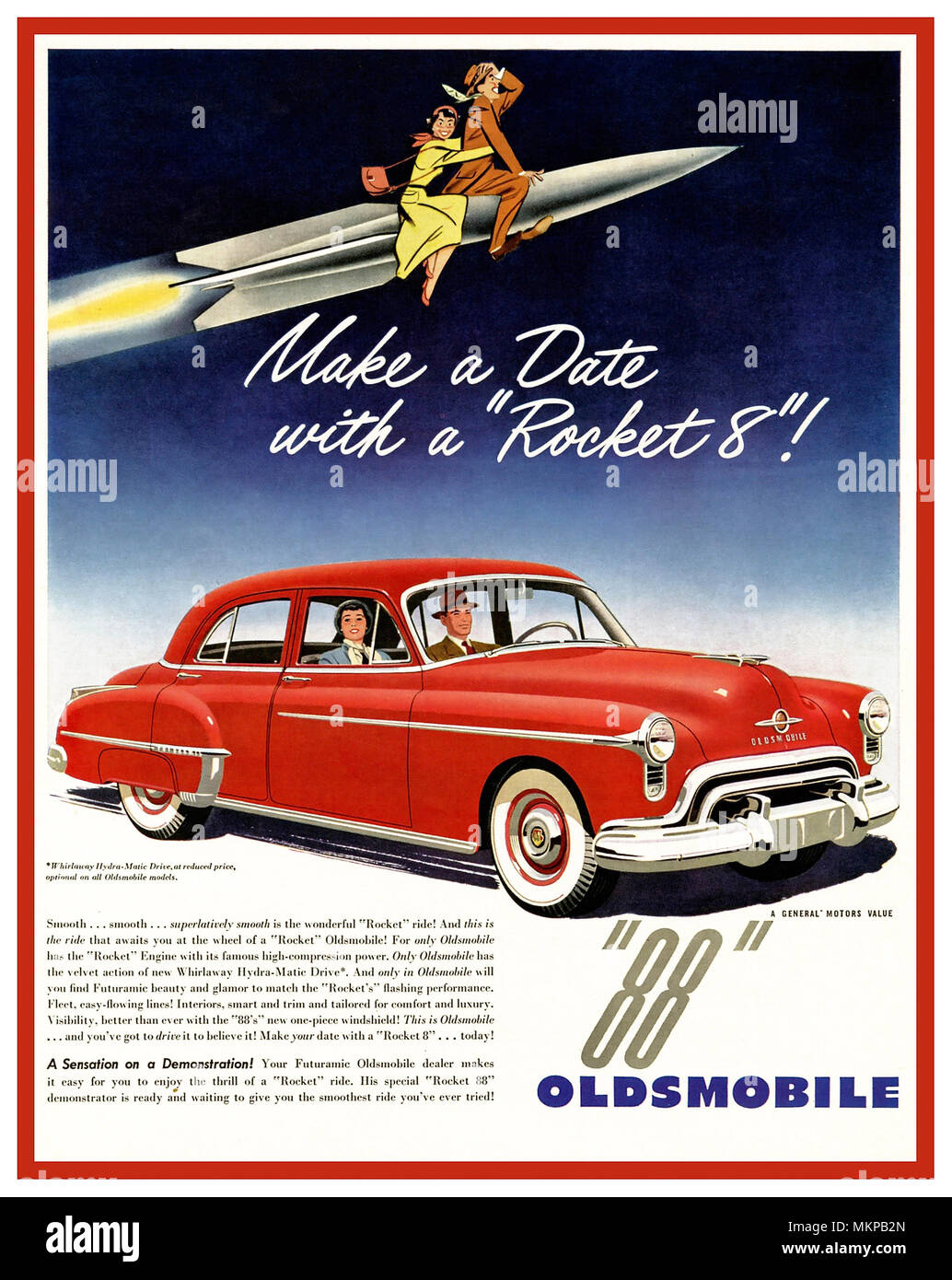 OLDSMOBILE Vintage 1949-1950’s American Car advertisement for The Oldsmobile 88 (known  as the Rocket Eighty Eight)  a full-size car that was sold and produced by Oldsmobile in various forms from 1949 until 1999 'Make a date with a Rocket 8' ! Stock Photo
