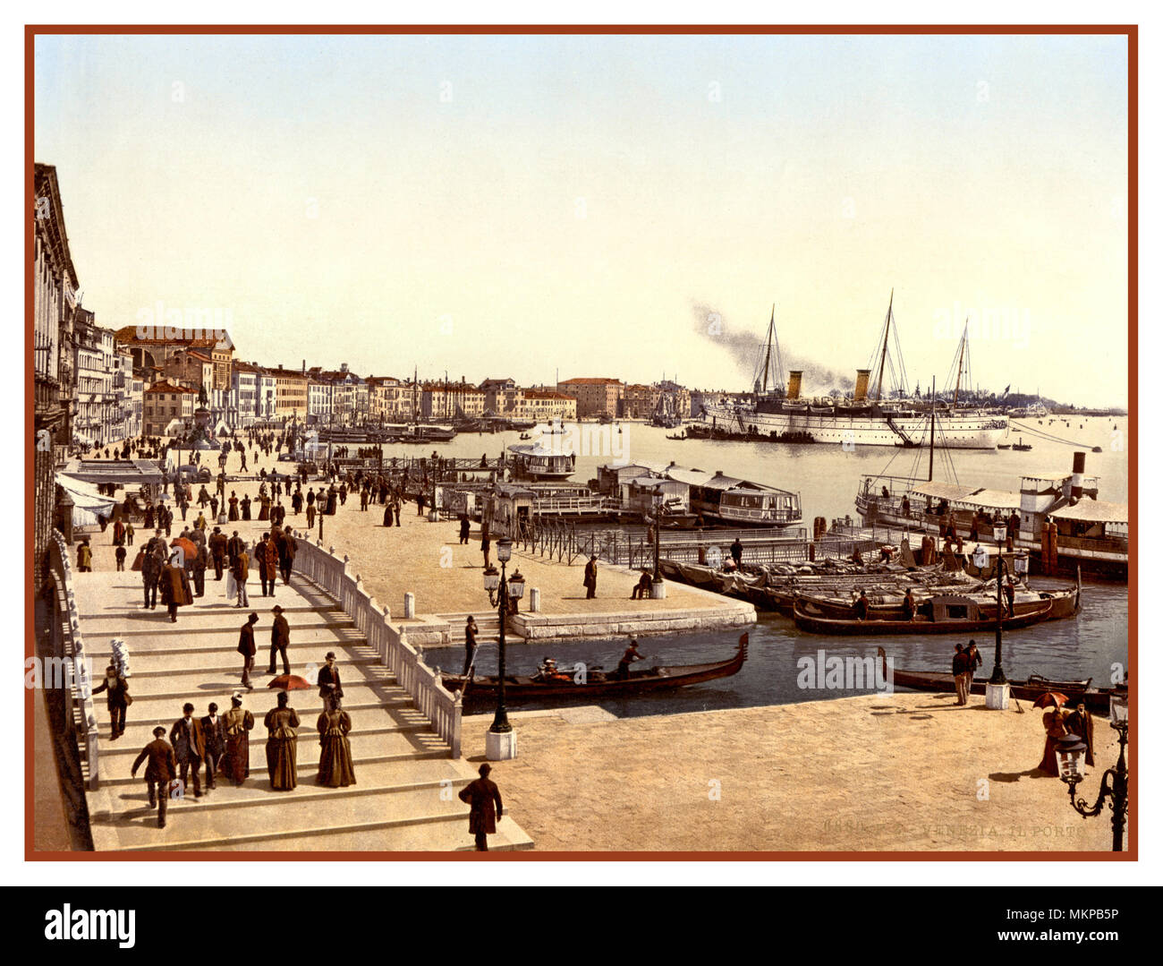Old Historic Photochrom Venice harbor with old steam ship cruise liner Palazzo dei Dogi, Doges Palace Venice, Italy 1890-1900 Stock Photo