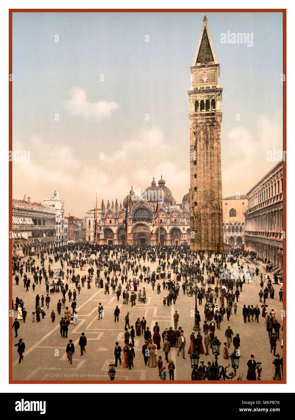 1890's Vintage Old Historic Venice Photochrom Italy Saint Marks Square 1890-1900 Colour Photochrome Technique Colour Lithography St. Mark's Square, Piazza San Marco, Venice, Metropolitan City of Venice, Italy Stock Photo