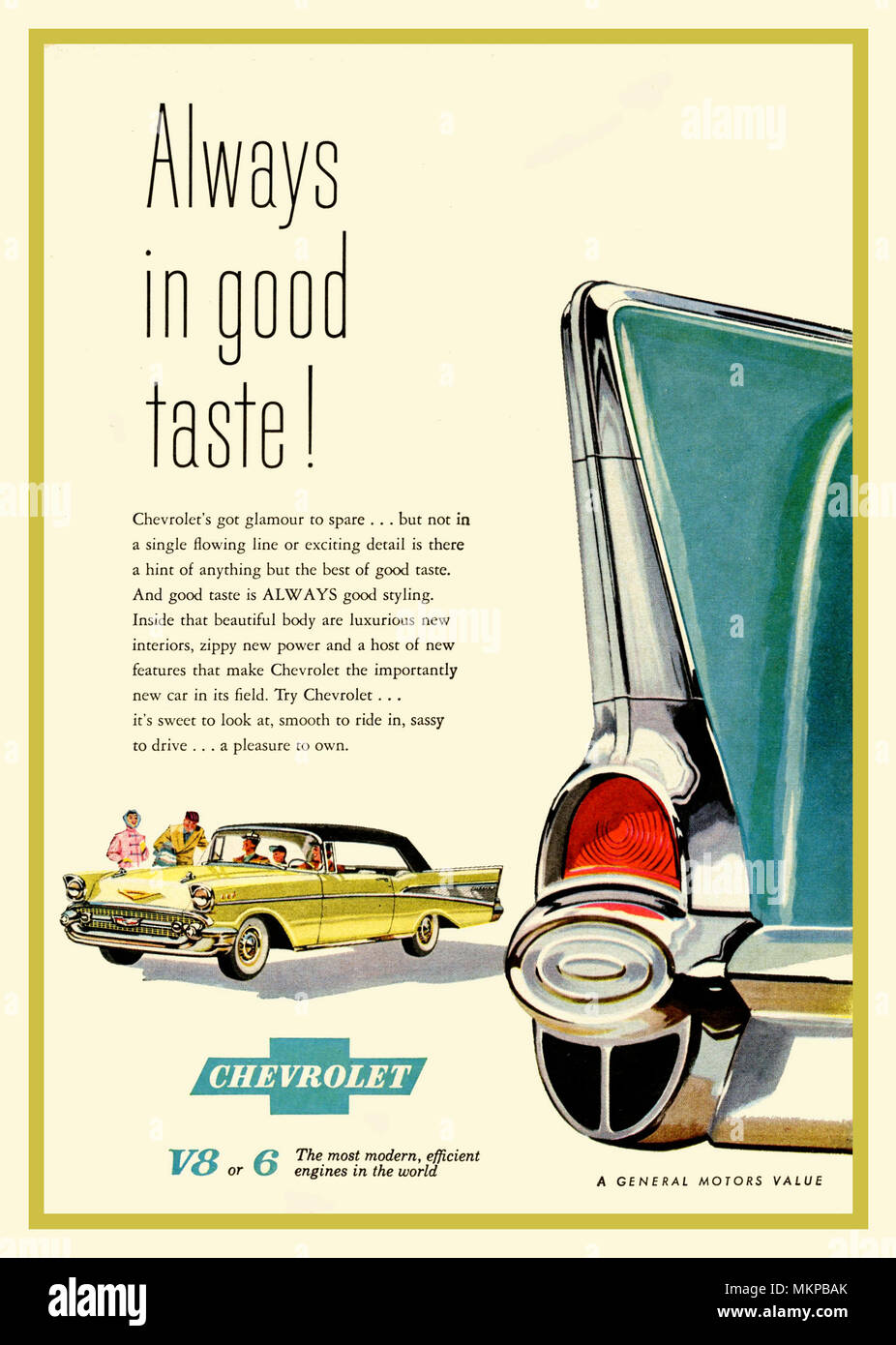 1957 Chevrolet Bel-Air Sports Sedan Automobile Car Magazine Press Advertisement  'Always in Good Taste' Stock Photo