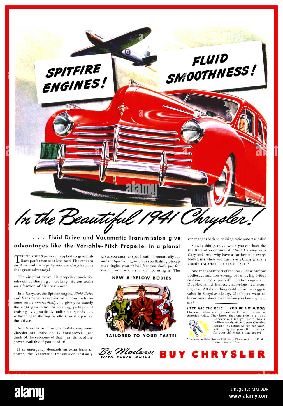 1941 American Chrysler saloon Automobile USA press advertisement with 'Spitfire Engine' and fluid drive Stock Photo
