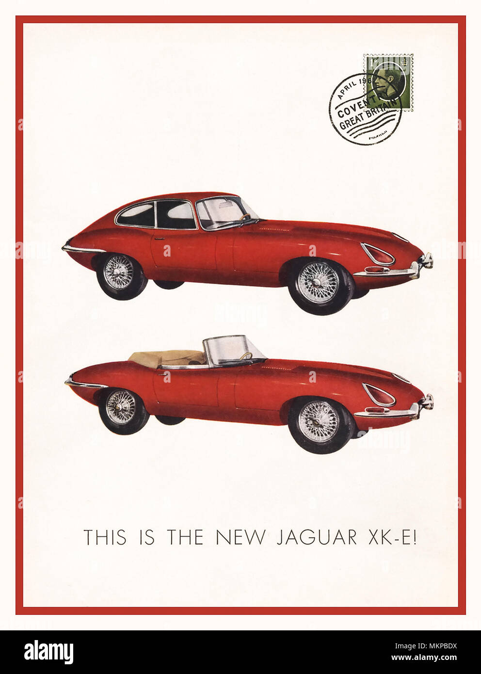 XK-E 1961 E-Type USA American launch press advertisement for hard top and soft top E-Type Jaguar Sports Car illustrated as a first day cover stamp Stock Photo