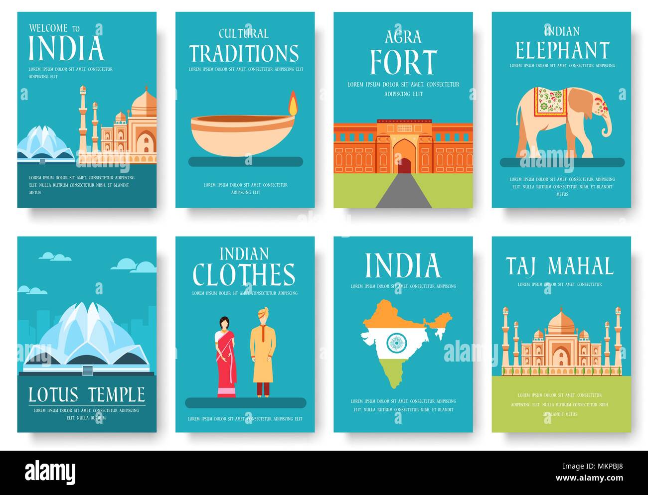 Country India travel vacation guide of goods, places and features. Set of architecture, fashion