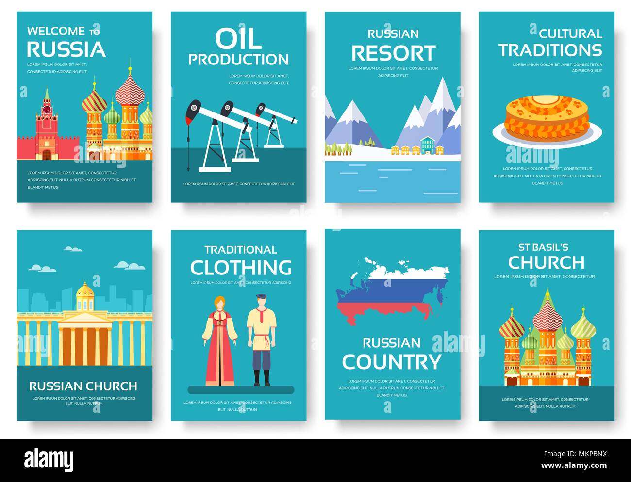 Country Russia travel vacation guide of goods, places and features. Set of architecture, fashion, people, items, nature background concept.  Infograph Stock Vector