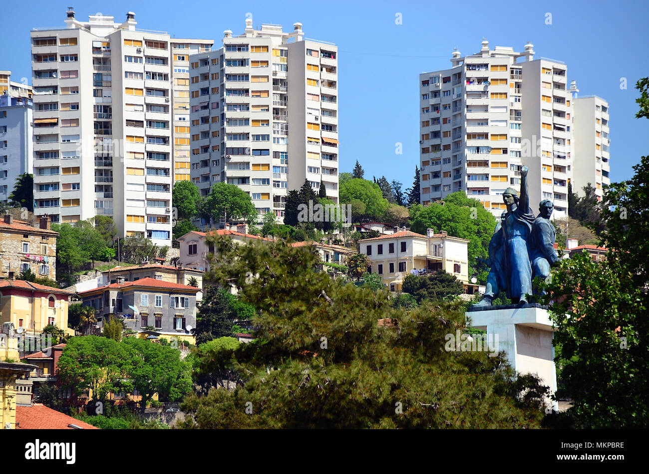Rijeka, Croatia. the liberation monument of Rijeka from the Nazi fascism at the end of the Second World War. Iin the background the new districts of the city. Stock Photo