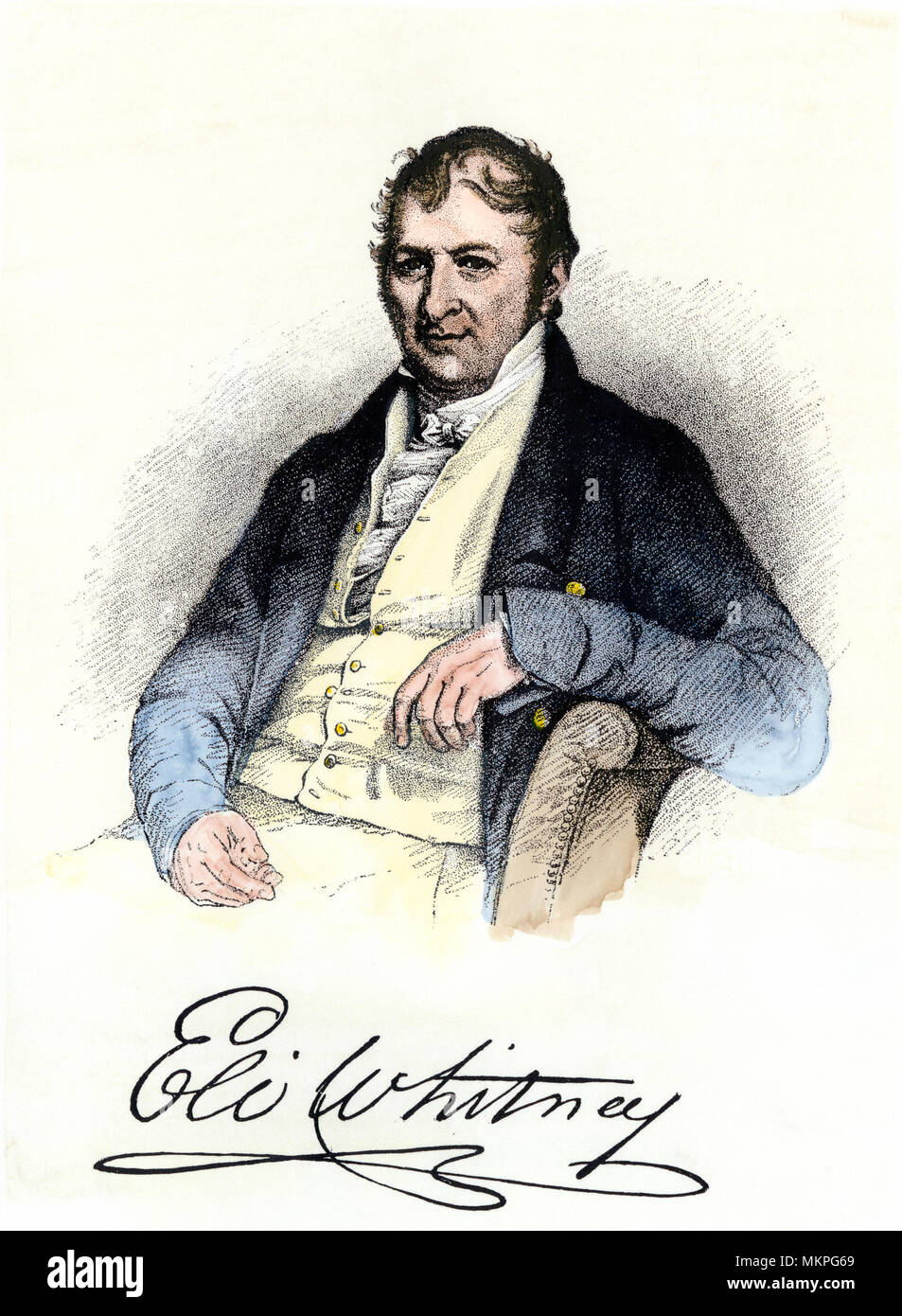 Eli Whitney, with autograph. Hand-colored engraving of a portrait from life Stock Photo