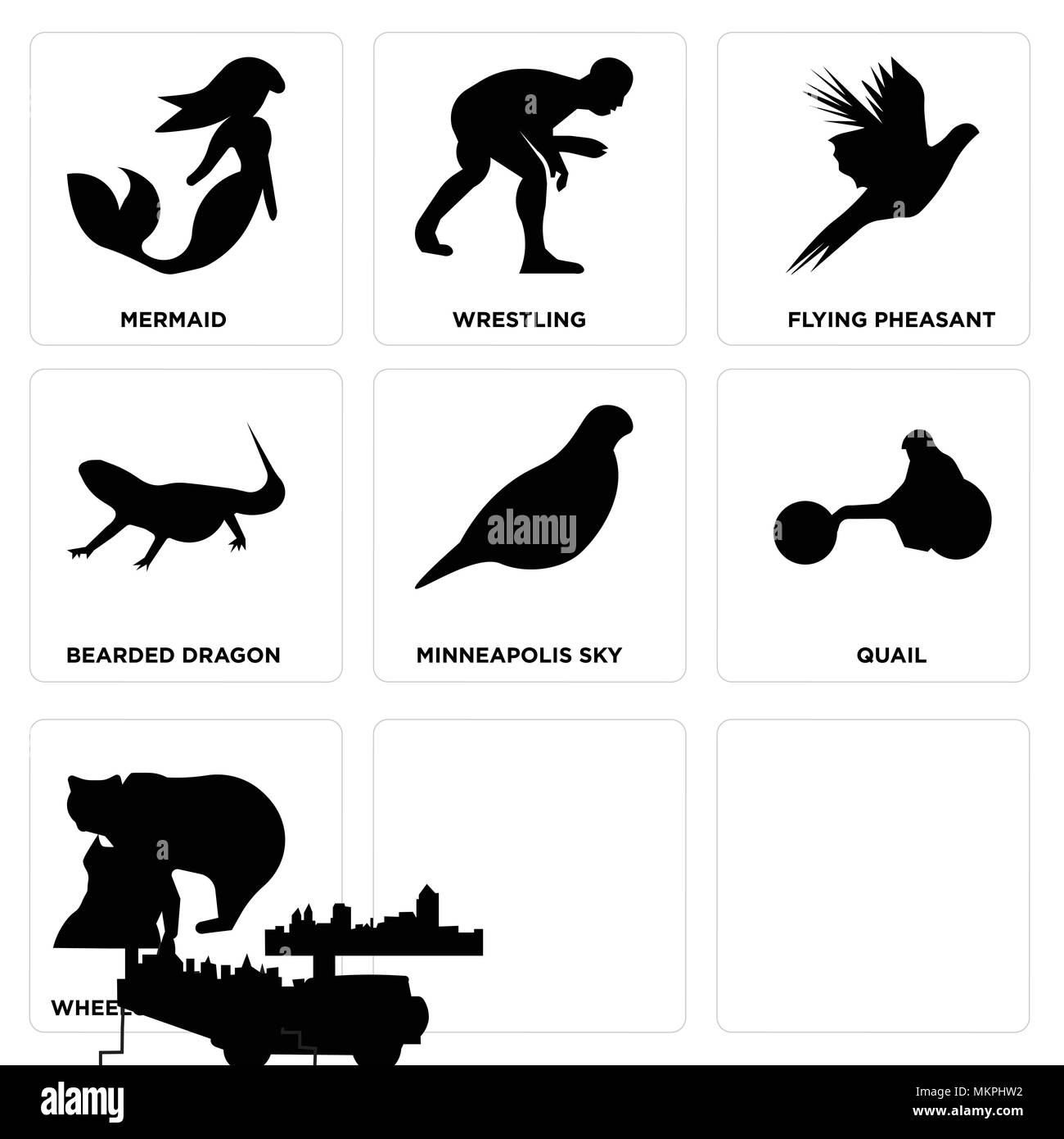 Set Of 9 simple editable icons such as f16, bear, wheelchair racing, quail, minneapolis sky, bearded dragon, flying pheasant, wrestling, mermaid, can  Stock Vector