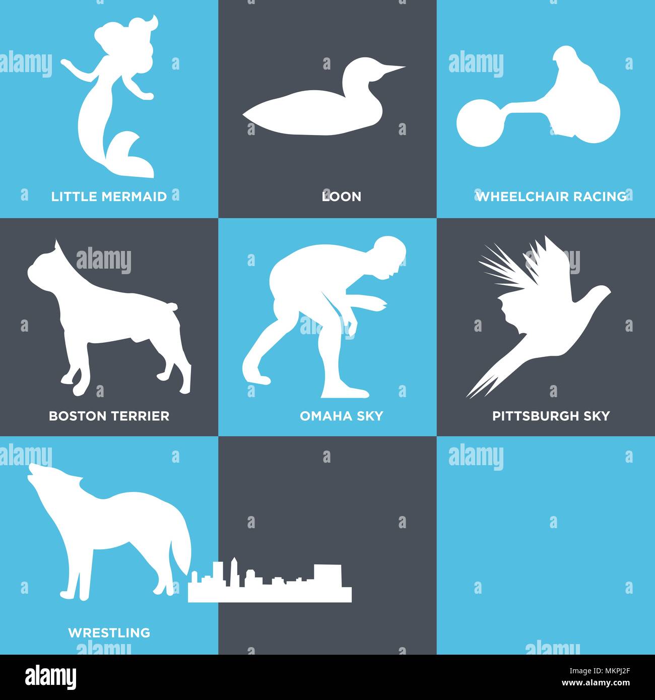 Set Of 9 simple editable icons such as howling wolf, flying pheasant, wrestling, pittsburgh sky, omaha boston terrier, wheelchair racing, loon, little Stock Vector