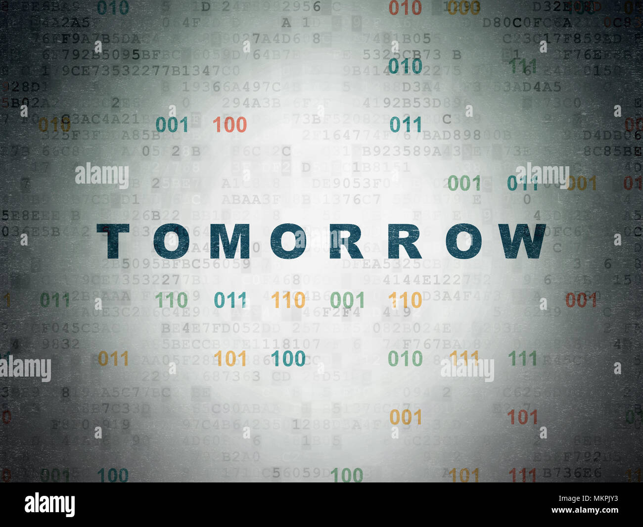 Time concept: Painted blue text Tomorrow on Digital Data Paper background with Binary Code Stock Photo