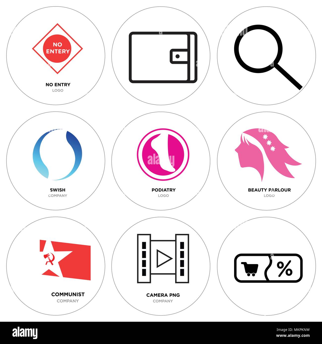Set Of 9 simple editable icons such as Shopping, camera, communist, beauty parlour, podiatry, swish, Search, Wallet, no entry, can be used for mobile, Stock Vector