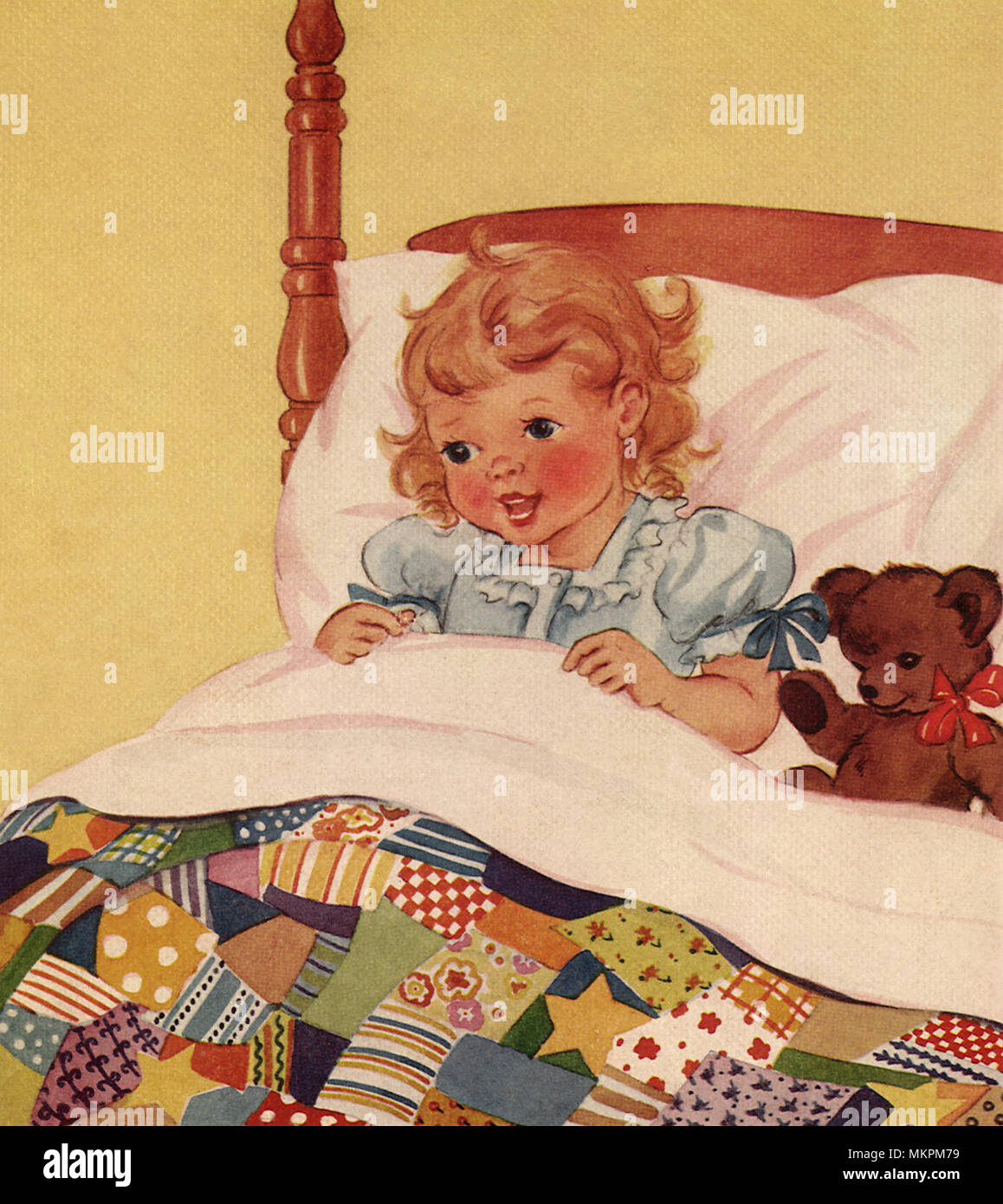 Girl tucked in Bed with Teddy Bear Stock Photo