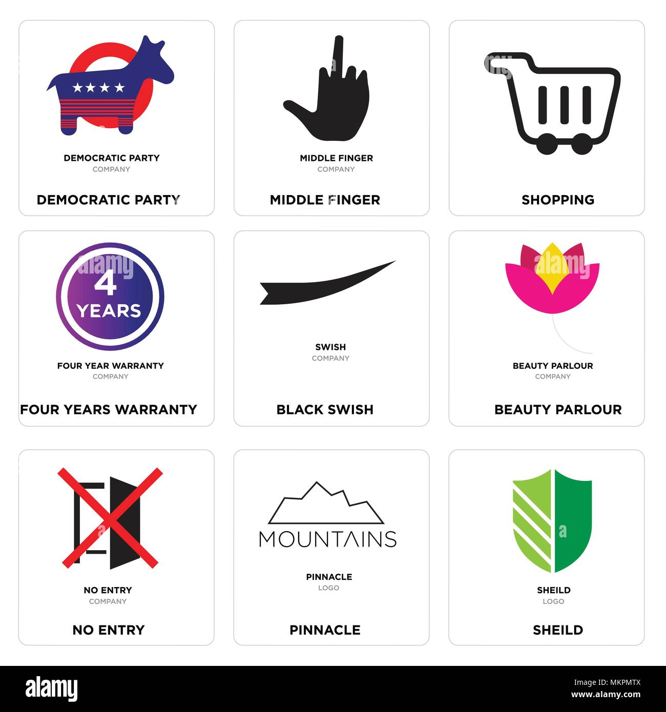 Set Of 9 simple editable icons such as sheild, pinnacle, no entry, beauty parlour, Black swish, four years warranty, Shopping, middle finger, democrat Stock Vector