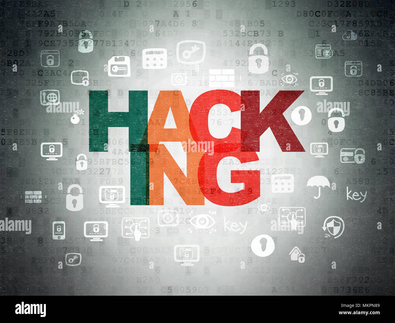 Security concept: Painted multicolor text Hacking on Digital Data Paper ...