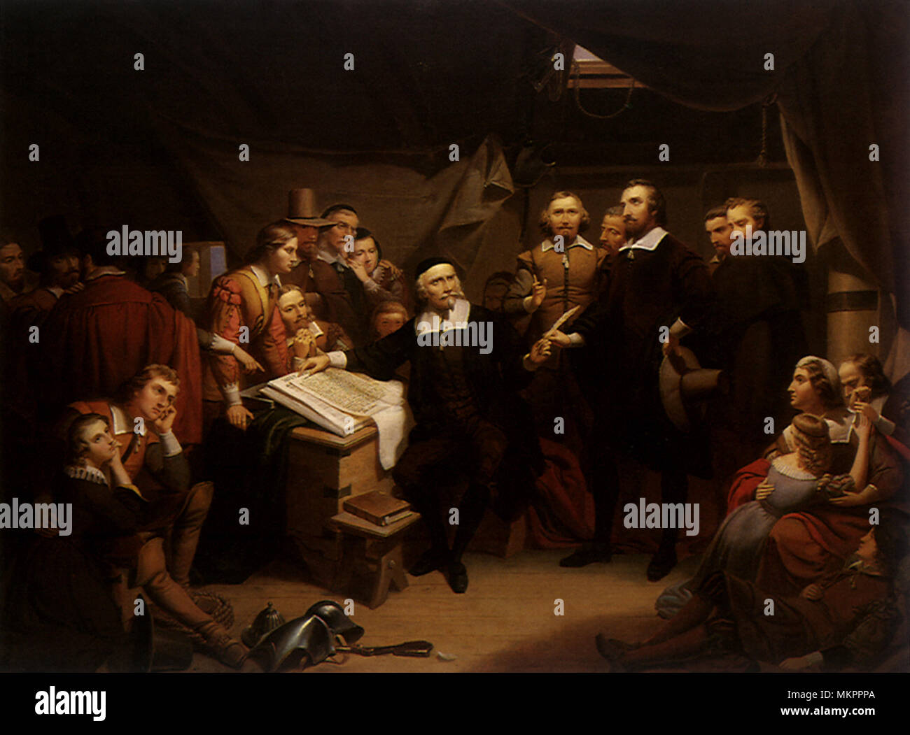 Signing the Compact on Board the Mayflower Stock Photo