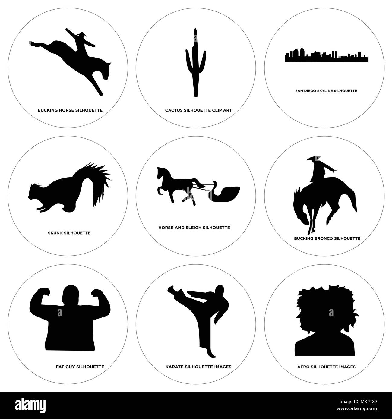 Set Of 9 simple editable icons such as afro, karate, fat guy, bucking bronco, horse and sleigh, skunk, san diego sky, cactus, horse, can be used for m Stock Vector