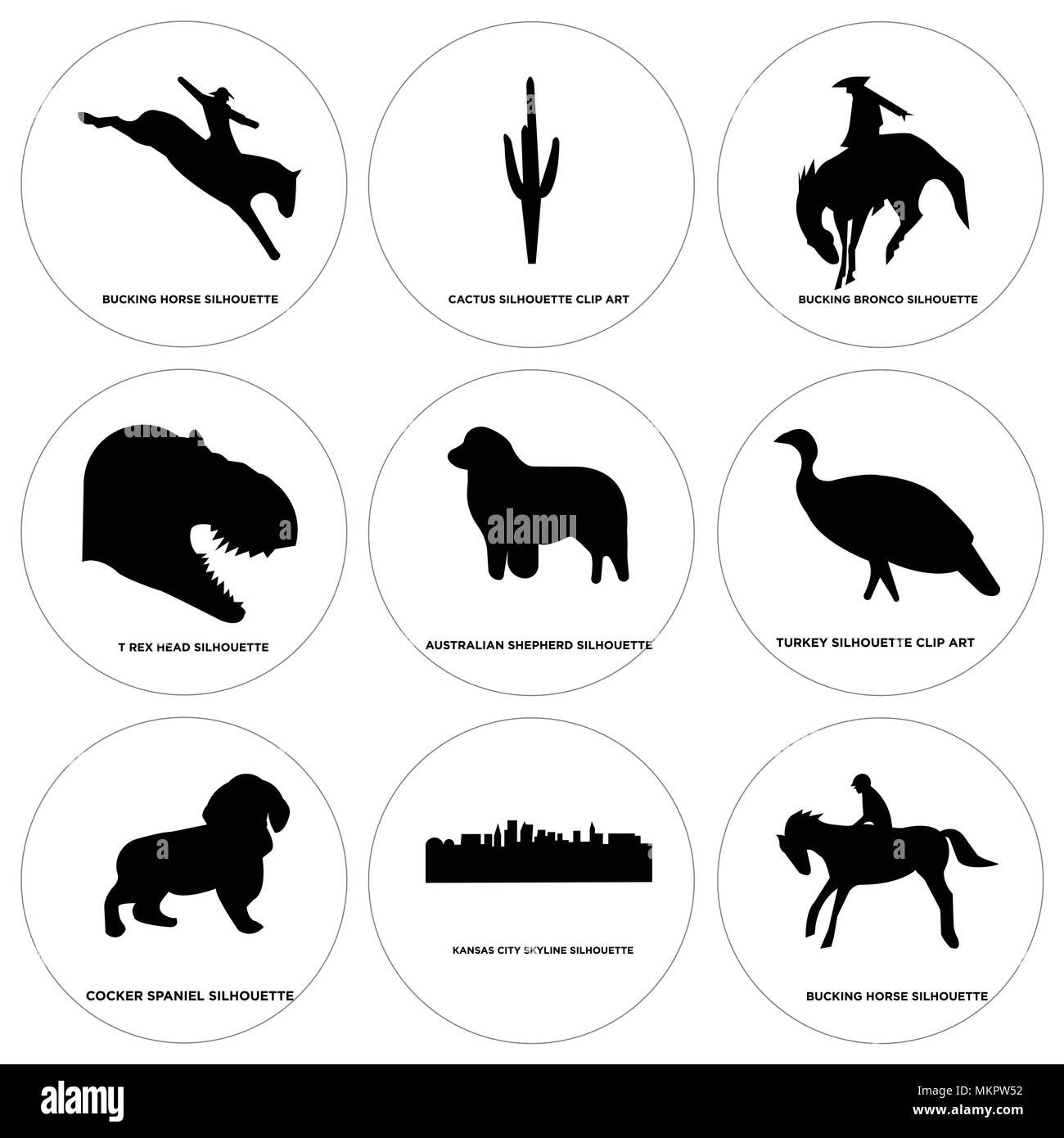 Set Of 9 simple editable icons such as bucking horse, kansas city sky, cocker spaniel, turkey, australian shepherd, t rex head, bronco, cactus, can be Stock Vector