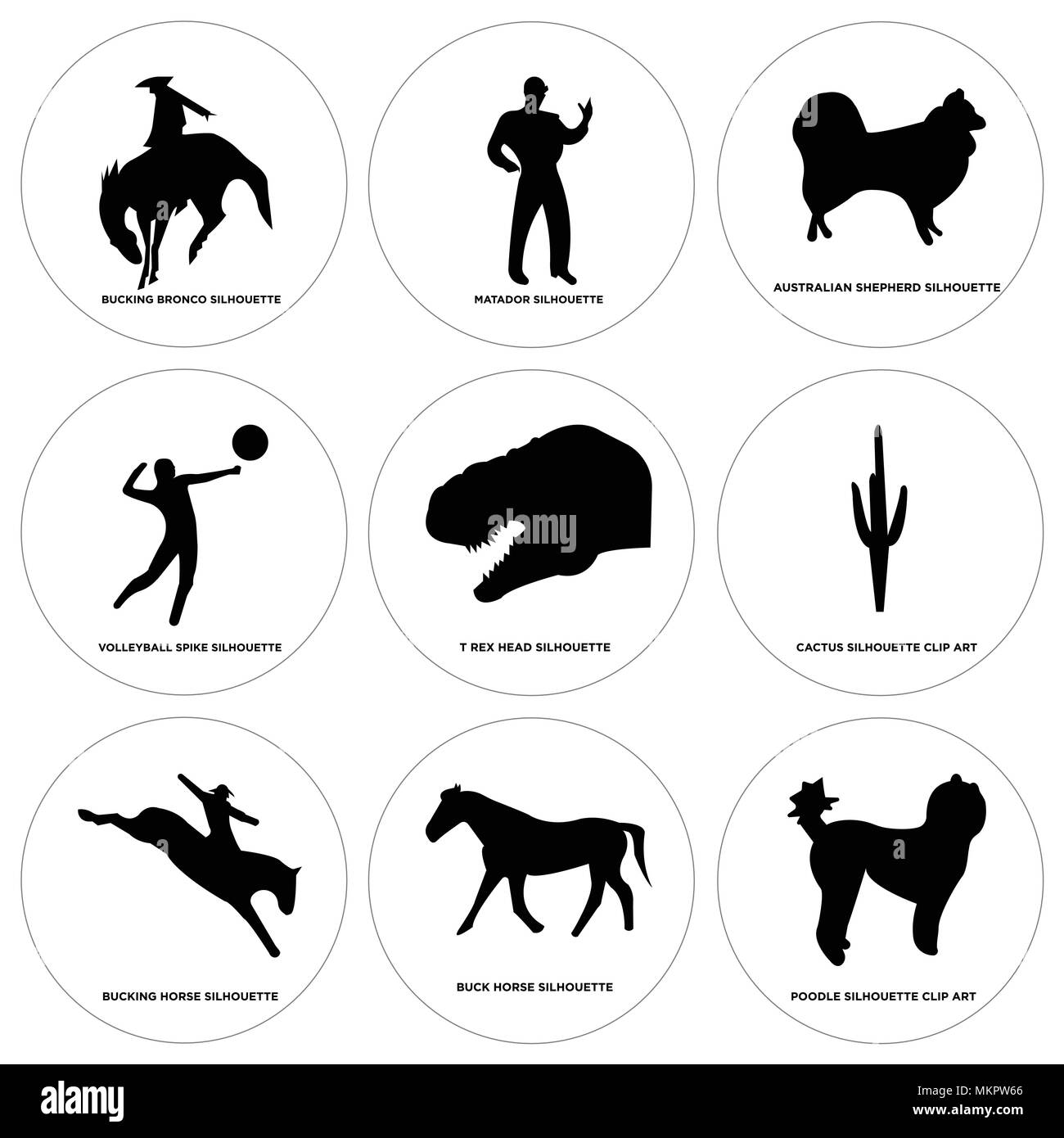 Set Of 9 simple editable icons such as poodle, buck horse, bucking cactus, t rex head, volleyball spike, australian shepherd, matador, bronco, can be  Stock Vector