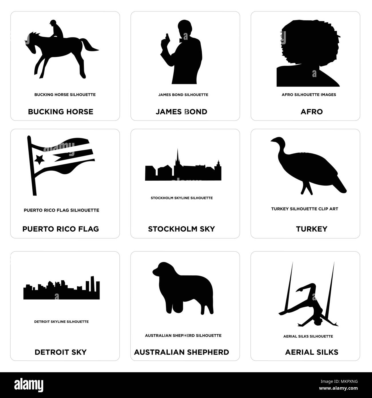 Set Of 9 simple editable icons such as aerial silks, australian shepherd, detroit sky, turkey, stockholm puerto rico flag, afro, james bond, bucking h Stock Vector