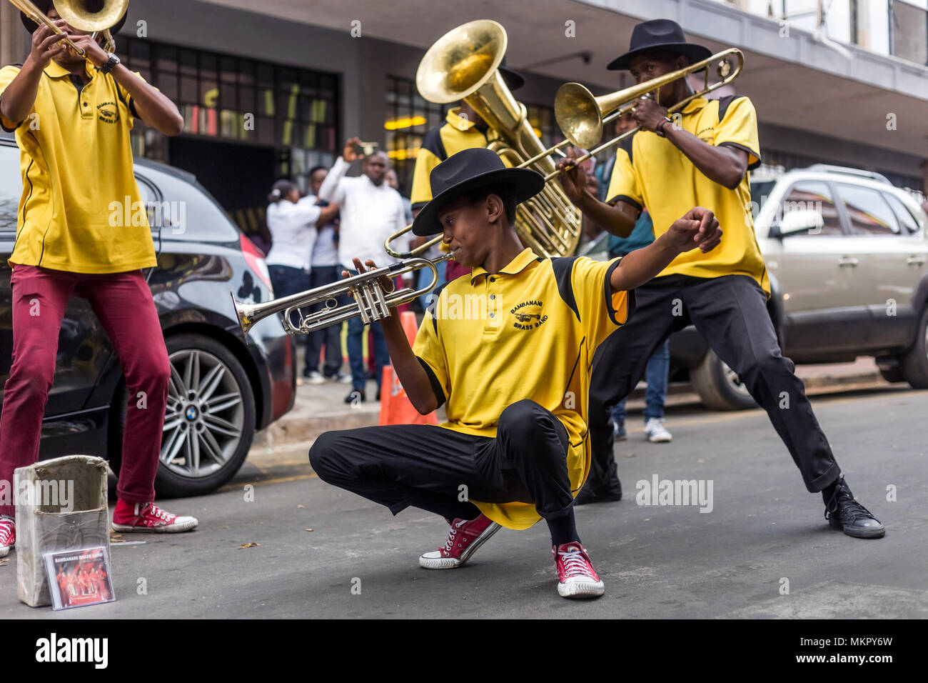 Johannesburg, South Africa, April 29-2018: Buskers playing on the streets. Brass band performing in the city. Stock Photo