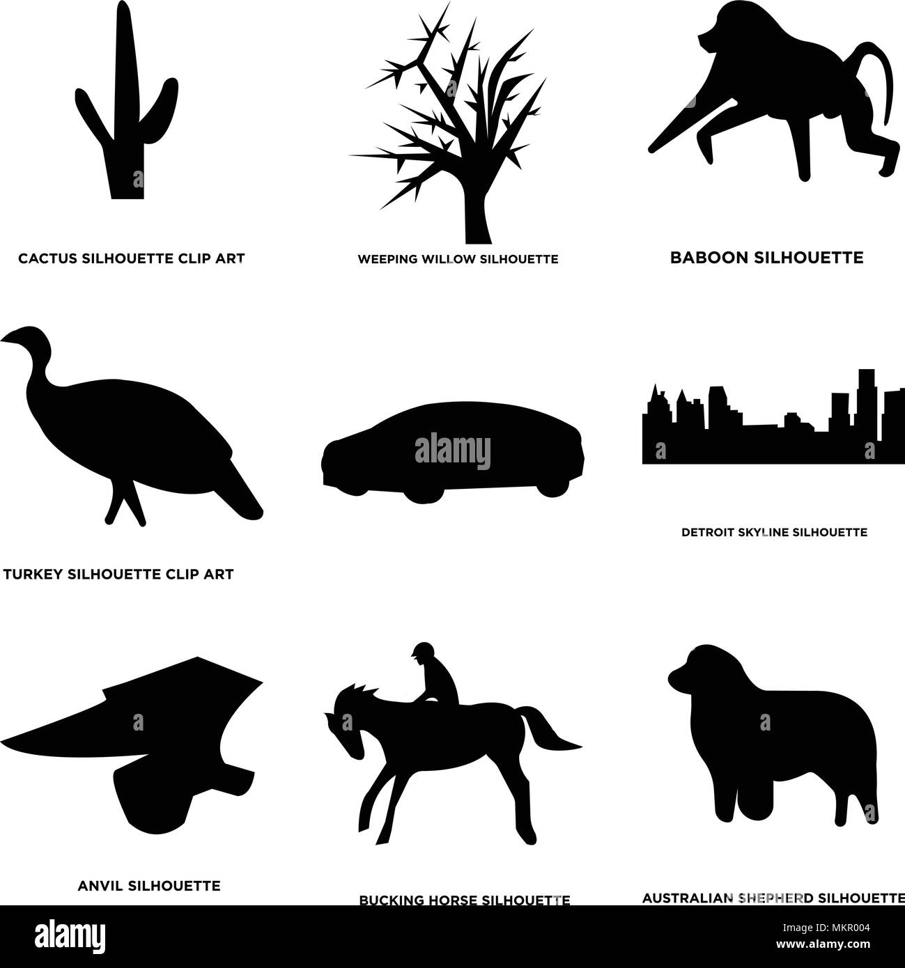 Set Of 9 simple editable icons such as australian shepherd, bucking horse, anvil, detroit sky, car, turkey, baboon, weeping willow, cactus, can be use Stock Vector