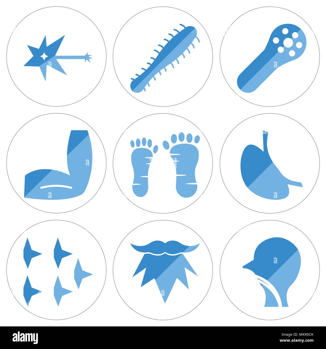 Set Of 9 simple editable icons such as Human Trachea, Men Beard, Platelets, Stomach with Liquids, Foot, Elbow, Muscle Fiber, Three Bacteria, Neuron, c Stock Vector