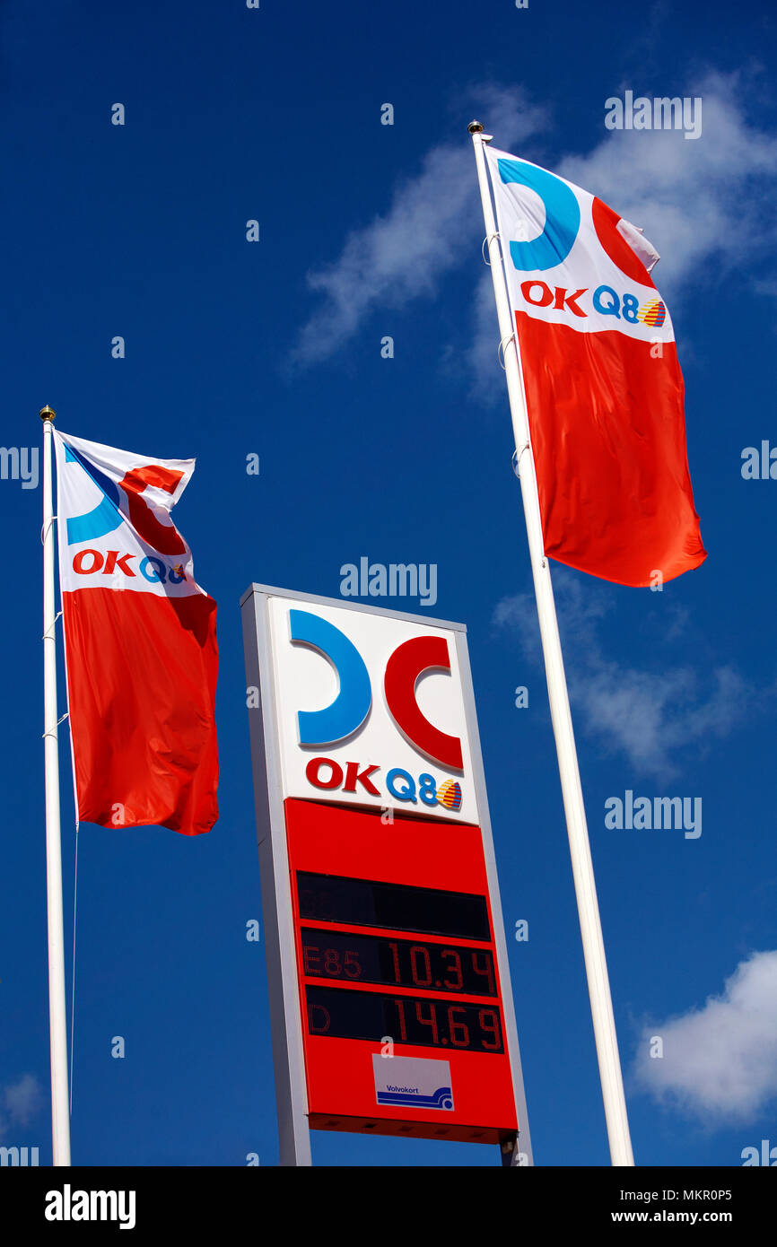 Sodertalje, Sweden - July 21, 2012: Swedish gas station associated gasoline brand OKQ8.  Rising fuel prices indicate decreased availability of oil on  Stock Photo