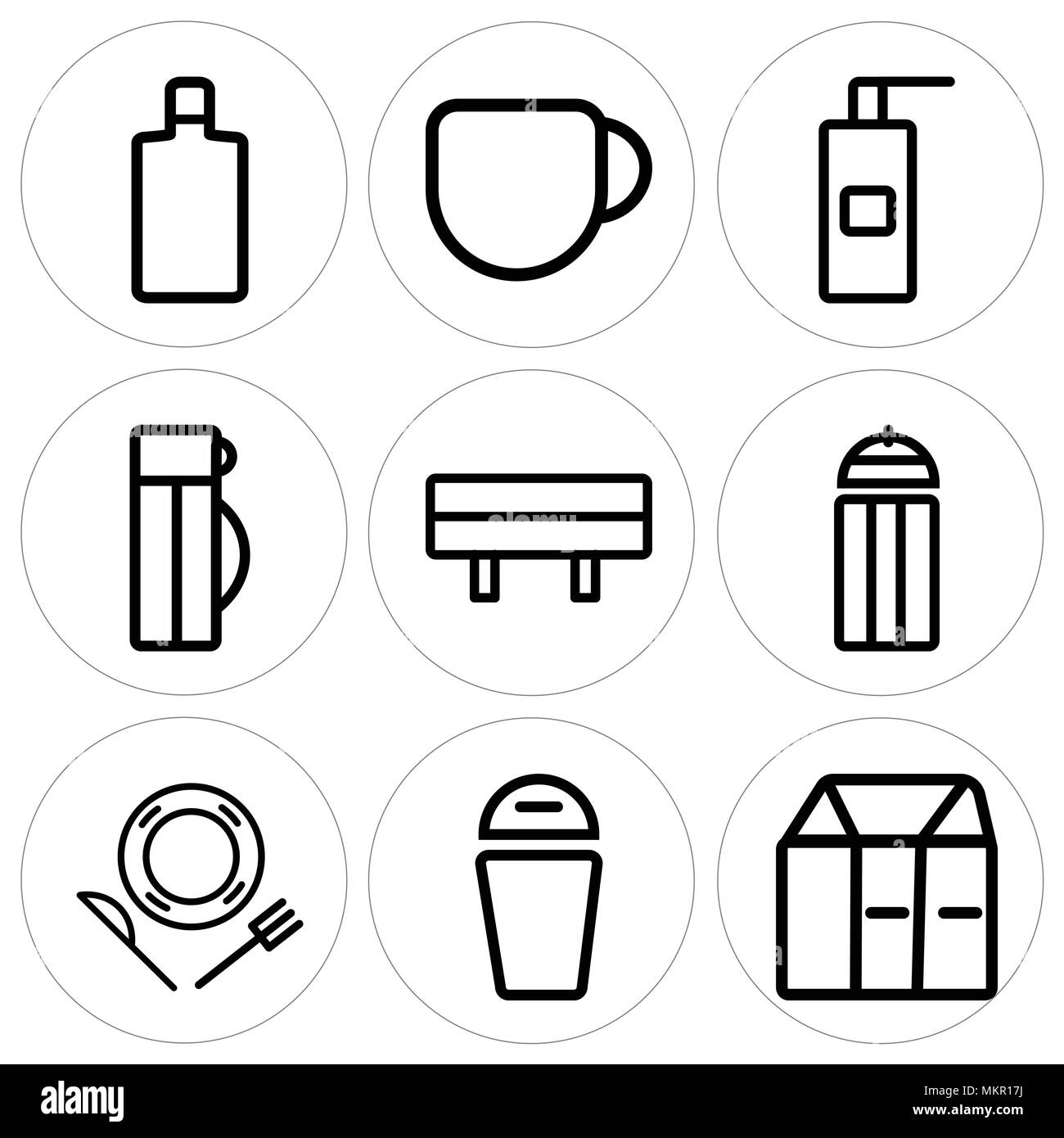 Set Of 9 simple editable icons such as Milk, Trash, Dish, Table, Thermo, Liquid soap, Coffee, Wine bottle, can be used for mobile, web Stock Vector