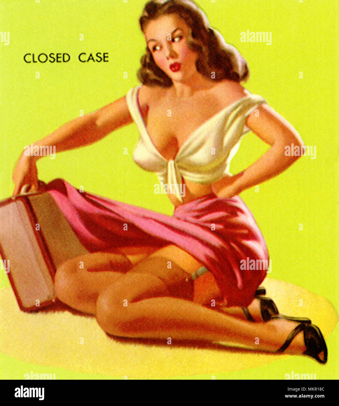 Pretty scantily clad woman with dress caught in her case Stock Photo