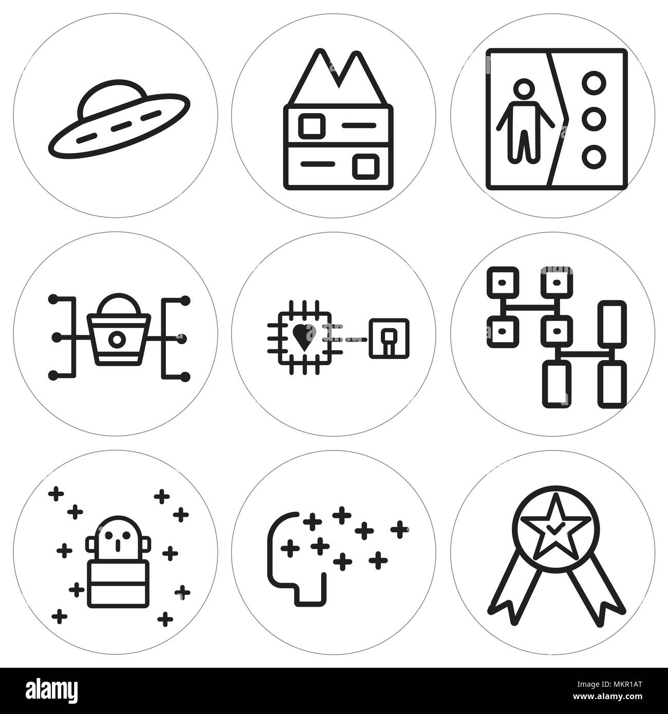 Set Of 9 simple editable icons such as Medal, Artificial intelligence, Monster, Cpu, Algorithm, Marketing, Clone, Bunker, Ufo, can be used for mobile, Stock Vector