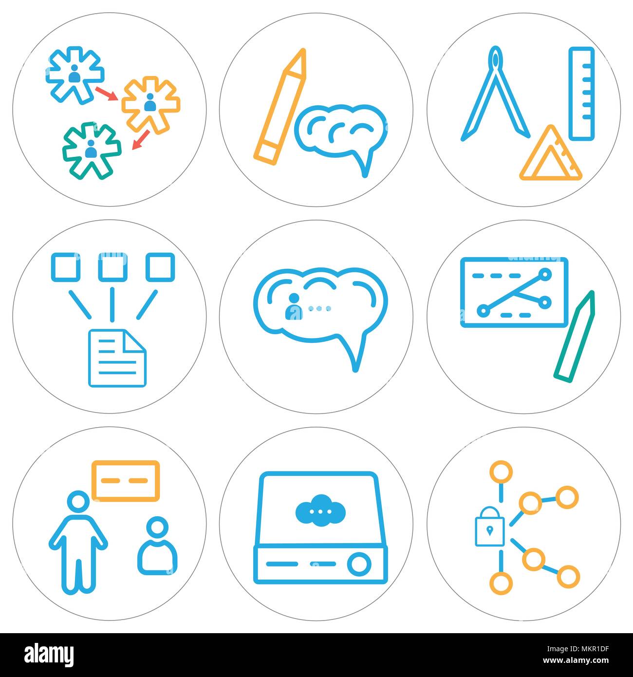 Set Of 9 simple editable icons such as Padlock, Server, Presentation, Brain, Network, Compass, Settings, can be used for mobile, web Stock Vector