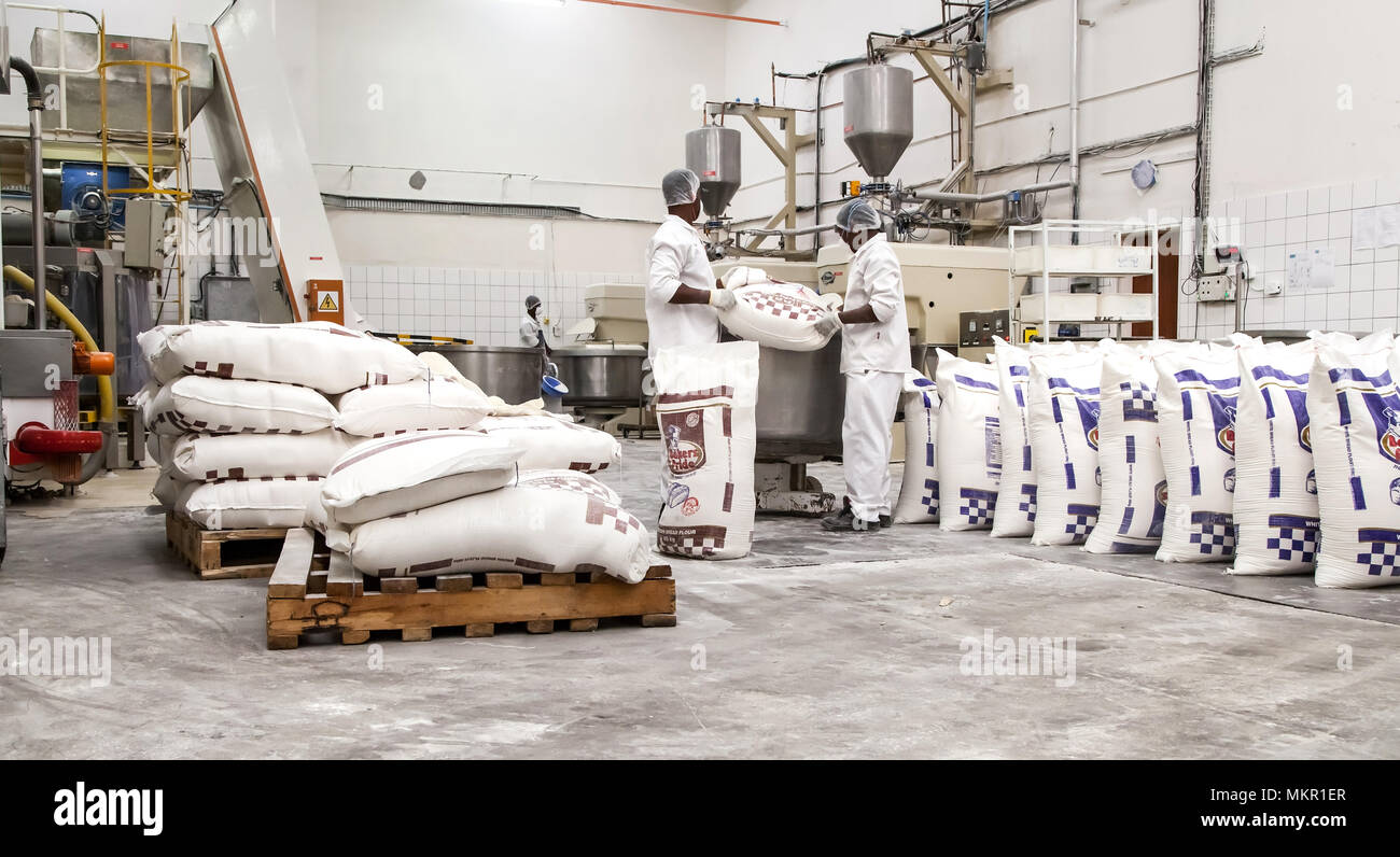 Johannesburg, South Africa, March 9 2015 Industrial bread making factory with large bags of